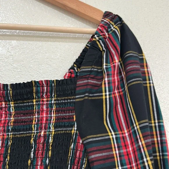 JCREW WOMENS PLAID SMOCKED COTTON POPLIN MIDI DRESS RED BLACK SZ MEDIUM - Picture 7 of 13